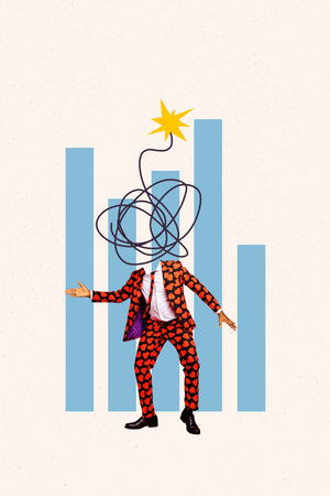 Poster image vertical photo collage of anonym headless man burning rope flash bomb chart statistics...