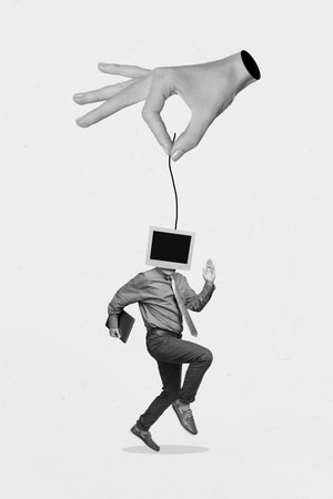 Vertical surrealism collage image of black white effect arm fingers hold string little guy monitor pc instead head runningの写真素材
