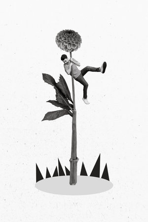 Creative photo 3d collage artwork poster postcard of man hanging on huge big flower looking down isolated on painting backgroundの写真素材