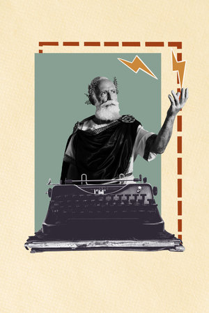 Creative photo collage trend artwork template of author philosopher aged man beard stand hand hold...