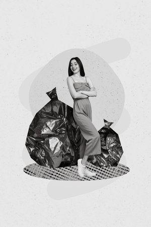 3d retro abstract creative collage artwork template of funny confident lady collecting garbage for...