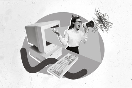 Creative sketch photo 3d collage artwork poster of furious girl scream office work isolated on...