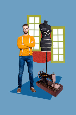 Vertical art creative trend collage of serious man stand crossed hands sewing machine tool...
