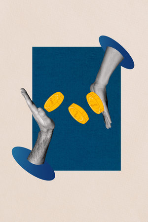 Trend artwork sketch design montage 3D collage of body language finger symbol gesture give coins...