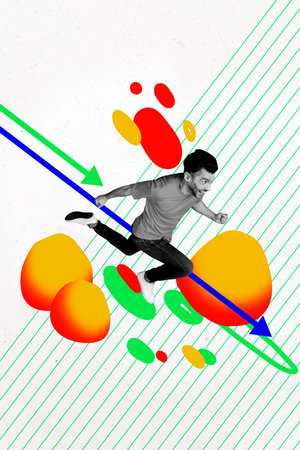 Art vertical photo collage of happy businessman run arrow development path success career growth aim...