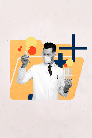 Template poster trend artwork 3D photo collage of young guy laboratory worker university experience hand hold glass equipment discoveryの写真素材