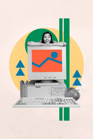 Exclusive image vertical photo collage of happy businesswoman sit pc monitor screen freelancer...