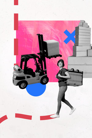 Exclusive image vertical photo collage of happy courier girl carry bag parcel shipment loader truck...