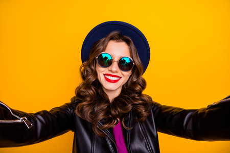 Close up photo of charming cheerful lady have fun on vacation make selfie wear black good look...