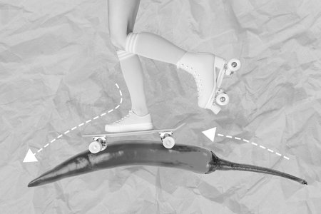 Creative artwork photo collage woman legs ride skateboard another rollerblades on huge red hot...