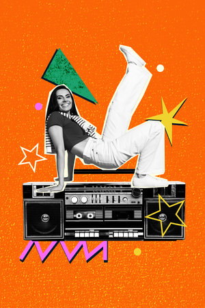 Vertical art creative trend collage of happy hipster girl dance retro boombox player music party...