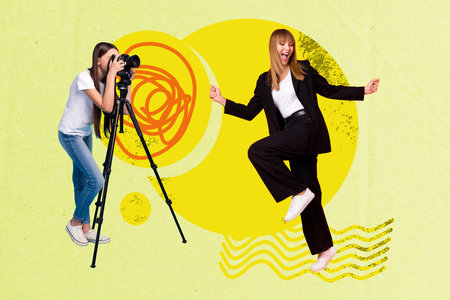 Creative photo collage trend artwork template of journalist capture camera content young woman work...