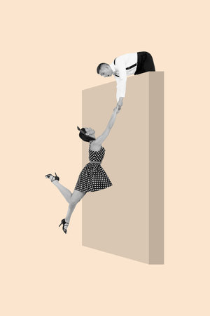 Trend image vertical photo collage of two astonished girl hold hand support business development team buildingの写真素材