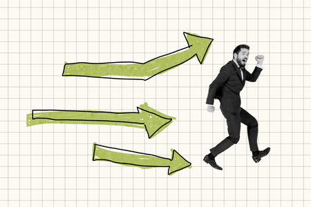 Exclusive art banner collage of happy businessman run arrow pointer development concept aim...