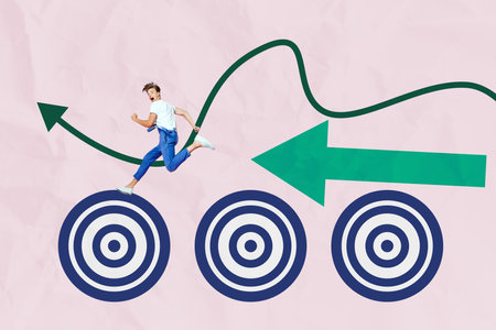 Trend artwork template design collage sketch of young guy excited face run arrow strategy...