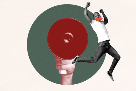 Template sketch trend artwork 3D photo collage of young man jump talk hand hold megaphone right...