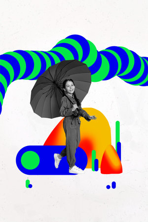 Trend image vertical photo collage of happy teenage girl walk autumn park hold umbrella meteorology...