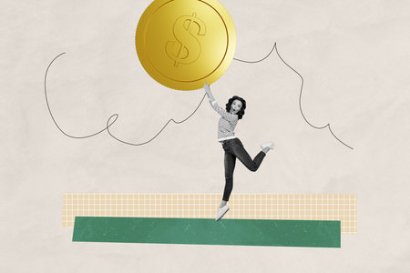Composite image montage trend artwork 3D collage of small size young lady balance hand hold big coin money finance budget earnings dollarsの写真素材