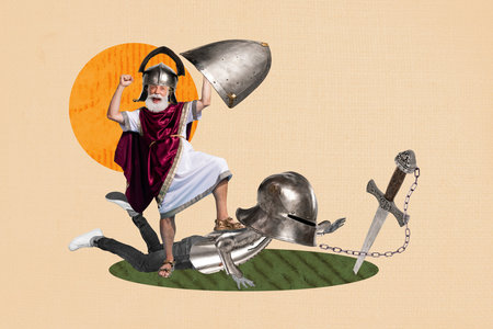 Art 3d sketch creative collage of excited old man warrior stand opponent body fight kingdom...