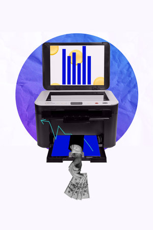 Creative trend artwork design collage sketch of office tool printer copier trader hand appear hold...