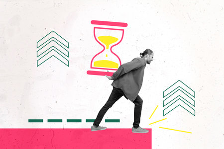 Sketch image artwork composite 3D photo collage of young man walk hand hold sand clock deadline time...