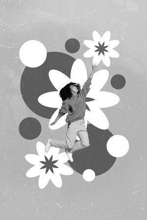 3d retro abstract creative collage artwork template of smiling happy lady jumping high enjoying flowers isolated painting backgroundの写真素材