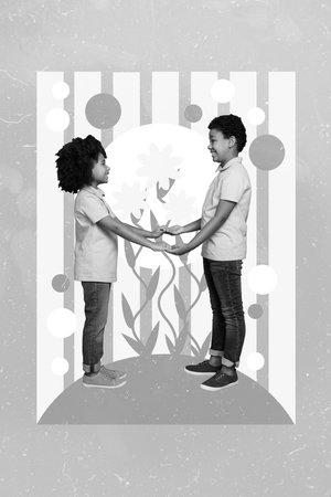 Photo artwork minimal collage picture of funny charming small kids holding arms isolated drawing backgroundの写真素材