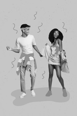 Vertical collage picture of two cheerful carefree people enjoy dancing partying isolated on painted pink backgroundの写真素材