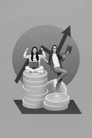Collage 3d image of pinup pop retro sketch of funny lucky ladies earning many money modern devices...