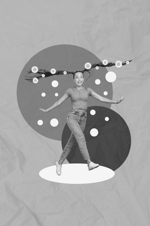 Vertical collage image of excited overjoyed girl black white effect run jump long hair tails isolated on drawing backgroundの写真素材