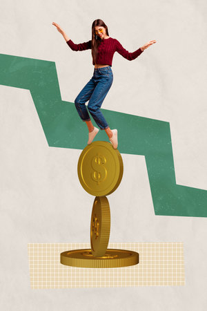 Composite sketch image design trend artwork collage of trade money income investment currency pile coins young lady stand balance successの写真素材