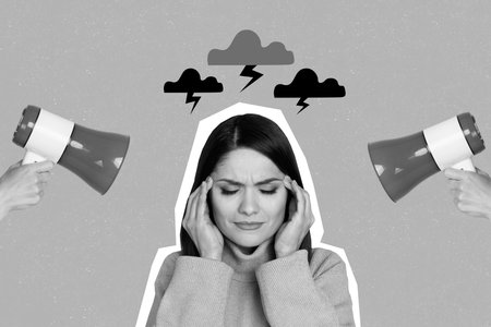 Photo collage artwork of young woman worker stressed headache pain megaphone clouds storm suffer isolated on grey backgroundの写真素材