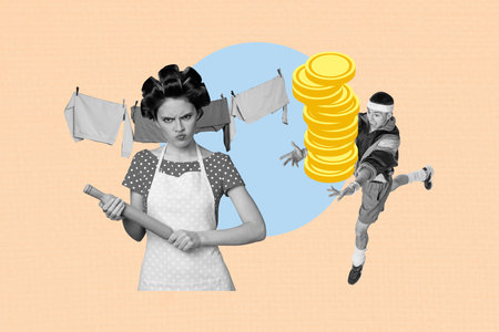 Composite photo collage sketch of daily hygiene home household chores routine young woman curls...