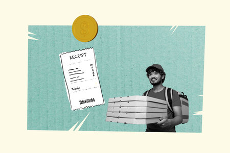 Exclusive sketch collage of happy deliver man carry pizzeria box cafe bill meal coin contactless payment pos terminal income dollarの写真素材