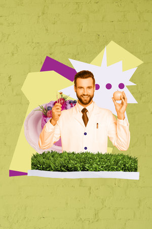 Trend artwork composite banner 3D photo collage of young man dentist hospital help medicine hand...