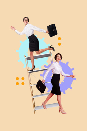 Trend artwork composite banner 3D photo collage of two young lady office manager walk stand furniture human resources manager recruitmentの写真素材
