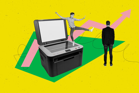 Composite artwork 3d image collage of two happy business partners men dance arrow development laser...
