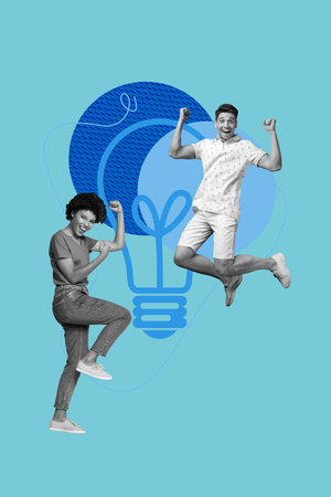 Poster image vertical photo collage of two happy business girl guy jump light bulb idea finding brainstorm plan decision victoryの写真素材
