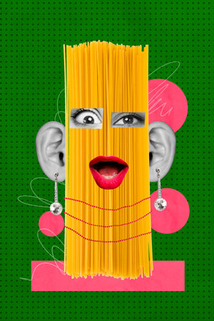 Poster image vertical photo collage of girl body element eyeball mouth ears wear earrings instead face pasta food italian macaroniの写真素材