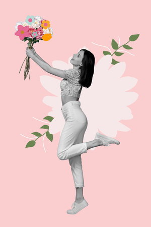 Trend artwork composite 3D photo collage design of international woman day bouquet gift present young woman stand smile hand hold flowerの写真素材