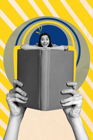 3D photo collage template trend artwork sketch of hand hold book student learn textbook library young lady head appear lying smileの写真素材