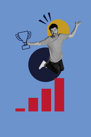 Art image vertical photo collage of happy businessman jump chart statistics gold goblet reward...
