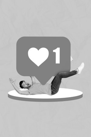 Magazine poster collage of amazed millennial guy lie under huge like reaction button social media...