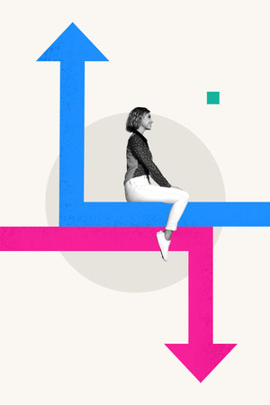 Vertical art trend collage of happy businesswoman sit arrow up down pointer development progress vs...