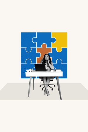 Vertical art trend collage of minded old businesswoman sit office workplace laptop table puzzle...