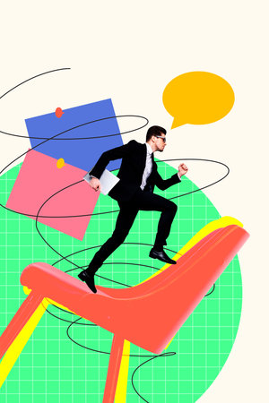 Vertical sketch 3d artwork collage poster of serious businessman run chair carry netbook sticker paper sheet pin memo bubble phraseの写真素材