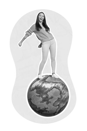 Vertical collage image of positive funky girl stand planet earth globe dancing isolated on drawing backgroundの写真素材