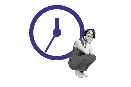 Contemporary art banner collage of happy businesswoman wear formal suit stand doodle clock regime...