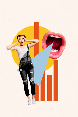 Trend image vertical photo collage of astonished employee girl listen loud scale mouth scream pressure successの写真素材