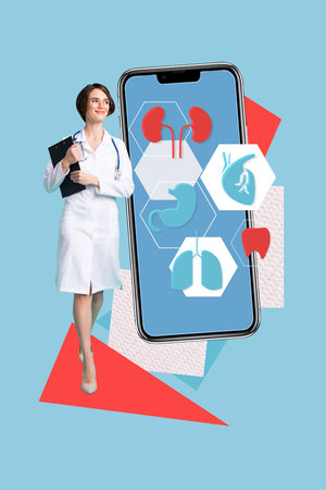 Trend image vertical photo collage of happy doctor cardiologist walk clipboard smartphone screen app lungs heart healthcareの写真素材